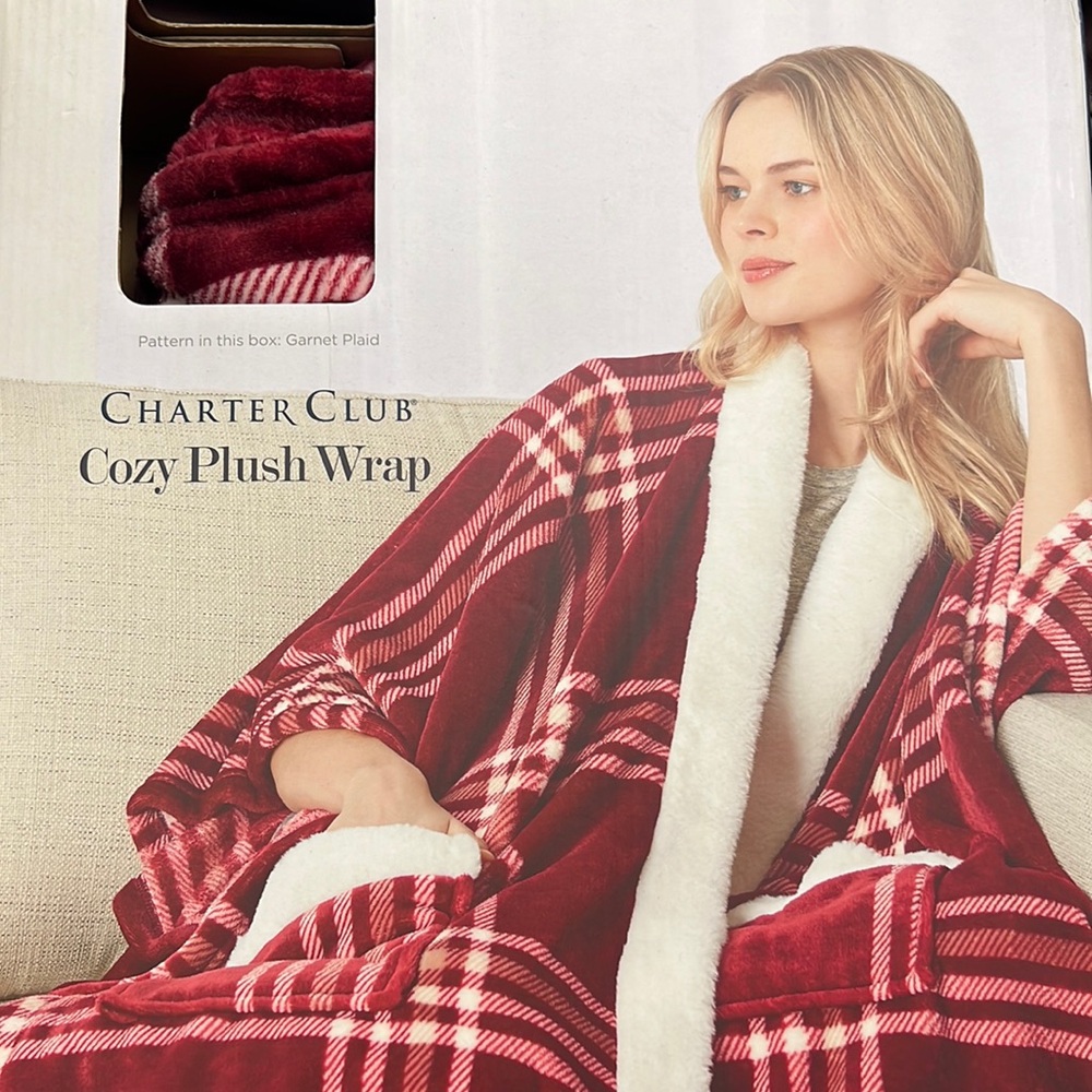 Charter Club Cozy Plush Wrap Garnet Plaid pattern brand new